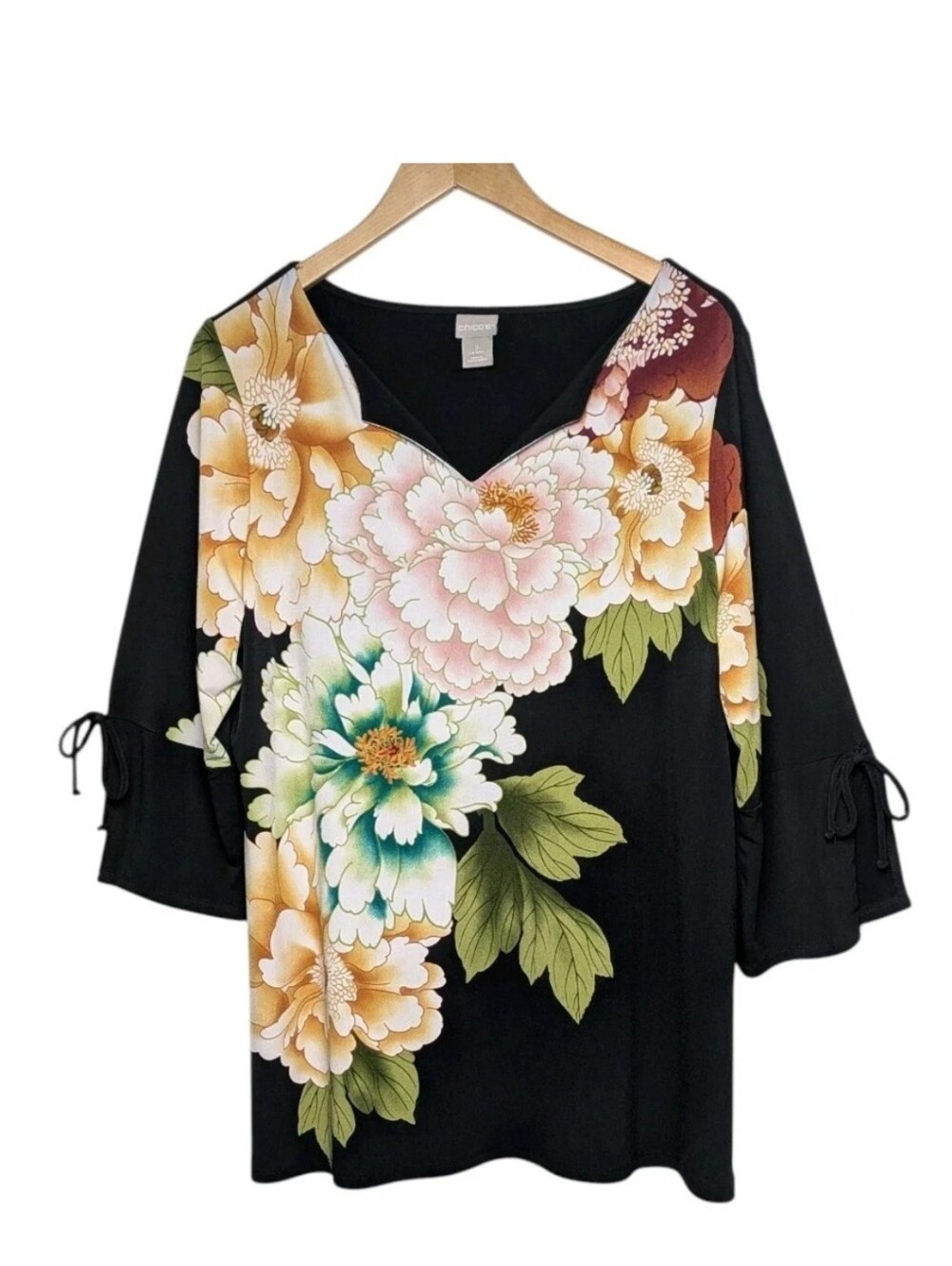 Chicos 2 Knit Floral Blouse Large Slit Tie Sleeves Bold Floral